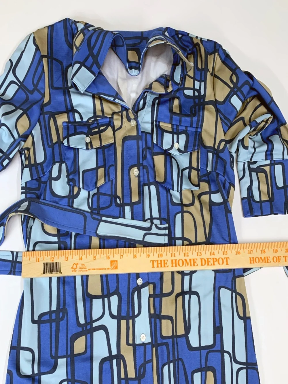 J. McLaughlin Knit Jersey Collared Belted Shirt Dress Women Blue Geometric Med